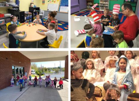 Four images of children learning and having fun in preschool
